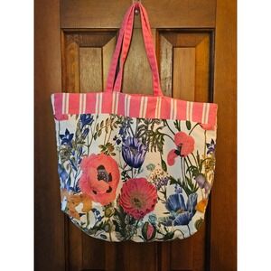 Estee Lauder Floral Tote Bag Pink Stripe Top Handles Large Canvas Beach Bag